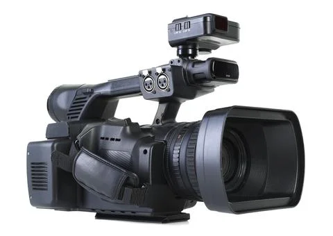 Modern professional video camera isolated on white Stock Photos