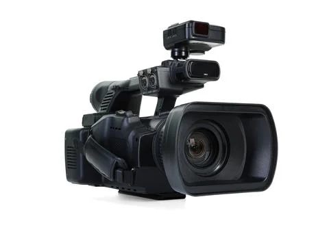 Modern professional video camera isolated on white Stock Photos