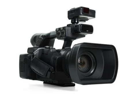 Modern professional video camera isolated on white Stock Photos