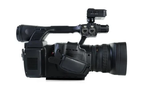 Modern professional video camera isolated on white Stock Photos