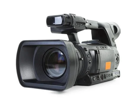 Modern professional video camera isolated on white Stock Photos
