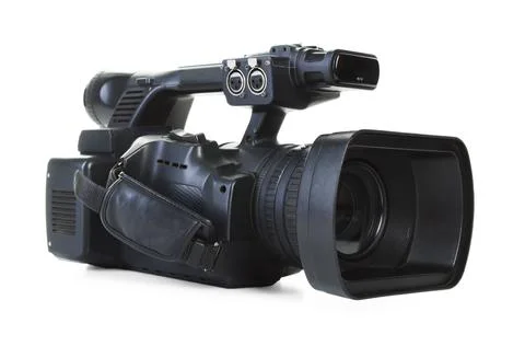 Modern professional video camera isolated on white Stock Photos