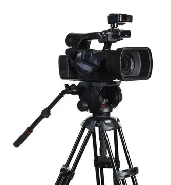 Modern professional video camera isolated on white Stock Photos