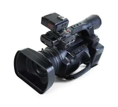 Modern professional video camera isolated on white Stock Photos