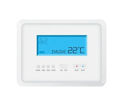 Modern programmable thermostat on white background Illustrazione stock