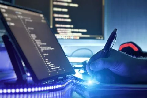 Modern programmer working on coding in futuristic workspace with blue ambie.. Stock-Fotos