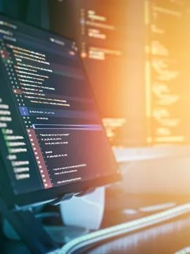 Modern programming workspace with glowing code display 库存照片