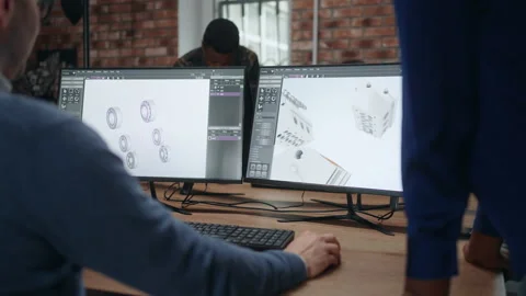 Modern project office, engineer creating 3d model of engine for spaceship 動画素材 231350309