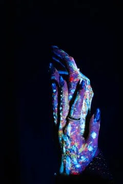 Modern psychedelic creative element with human palm for posters, banners, w.. Foto stock