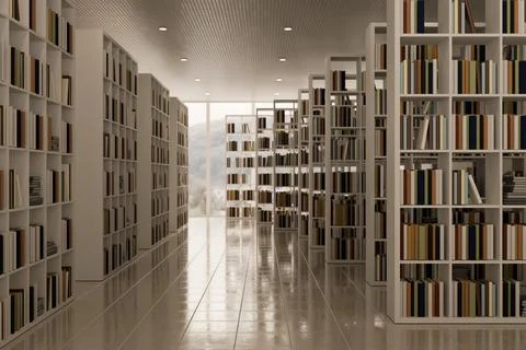 Modern Public Library Interior with Rows of White Bookshelves and Shiny Floor Stock Illustration