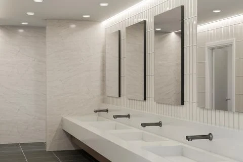 Modern public restroom interior with sinks large mirrors and white tiles 3D.. Stock Illustration