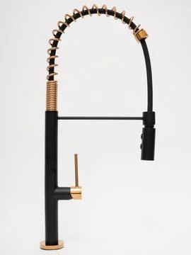 Modern pull-down kitchen faucet on white background Fotos de archivo