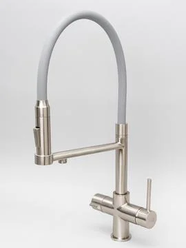 Modern pull-down kitchen faucet on white background Stock Photos