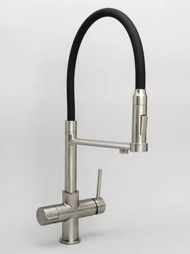 Modern pull-down kitchen faucet on white background Stock Photos
