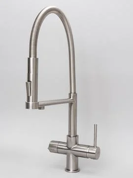 Modern pull-down kitchen faucet on white background Fotos Stock