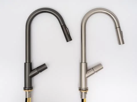 Modern pull-down kitchen faucet on white background Stock Photos