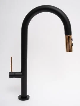 Modern pull-down kitchen faucet on white background Stock Photos