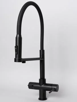 Modern pull-down kitchen faucet on white background Stock Photos