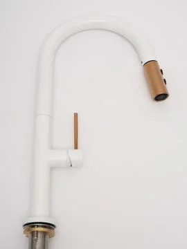 Modern pull-down kitchen faucet on white background Stock Photos
