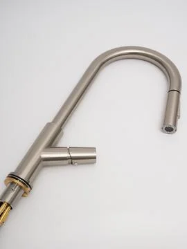 Modern pull-down kitchen faucet on white background Fotos Stock