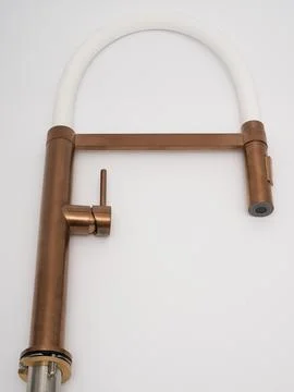 Modern pull-down kitchen faucet on white background Stock Photos