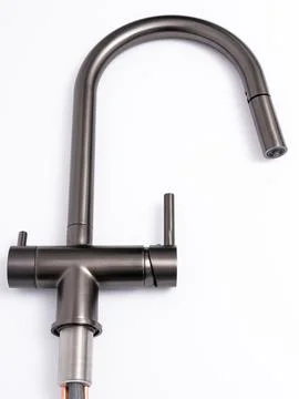 Modern pull-down kitchen faucet on white background Stock Photos