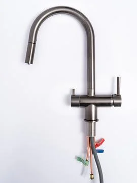 Modern pull-down kitchen faucet on white background 스톡 사진