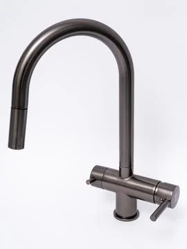 Modern pull-down kitchen faucet on white background Stock Photos