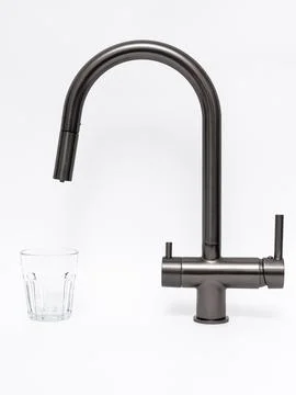 Modern pull-down kitchen faucet on white background Foto stock