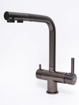 Modern pull-down kitchen faucet on white background Stock Photos