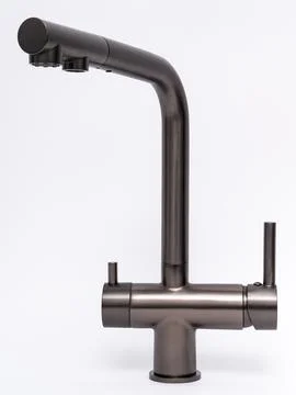 Modern pull-down kitchen faucet on white background Stock Photos