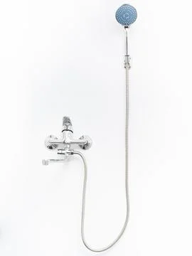 Modern pull-down kitchen faucet on white background Stock Photos