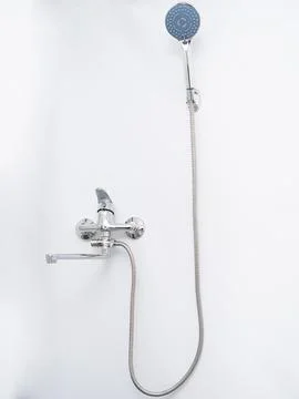 Modern pull-down kitchen faucet on white background Stock Photos