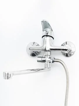 Modern pull-down kitchen faucet on white background Stock Photos