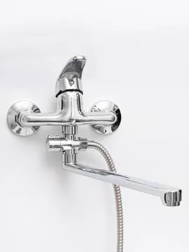 Modern pull-down kitchen faucet on white background Stock Photos