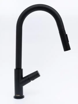 Modern pull-down kitchen faucet on white background Stock Photos