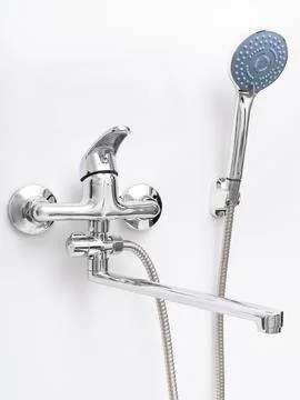 Modern pull-down kitchen faucet on white background Stock Photos