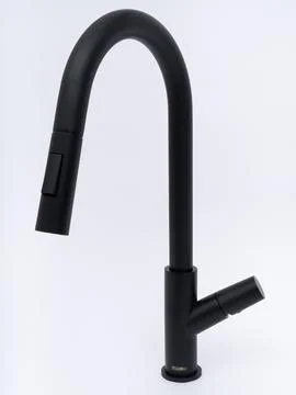 Modern pull-down kitchen faucet on white background Stock Photos