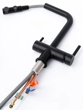 Modern pull-down kitchen faucet on white background 写真素材