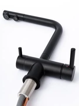 Modern pull-down kitchen faucet on white background Foto stock