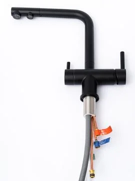 Modern pull-down kitchen faucet on white background Stock Photos