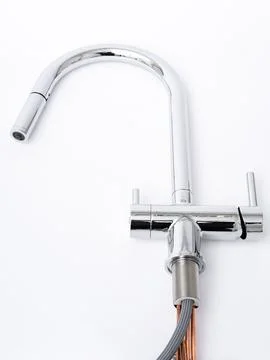 Modern pull-down kitchen faucet on white background 스톡 사진