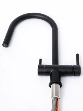 Modern pull-down kitchen faucet on white background Stock Photos