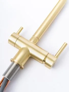 Modern pull-down kitchen faucet on white background 스톡 사진