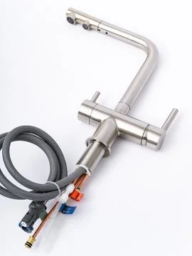 Modern pull-down kitchen faucet on white background Stock Photos