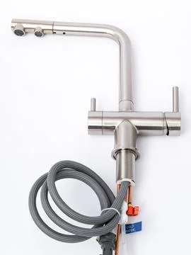 Modern pull-down kitchen faucet on white background 스톡 사진