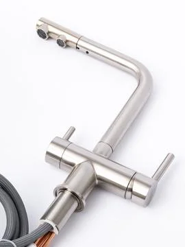 Modern pull-down kitchen faucet on white background Stock Photos