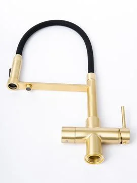 Modern pull-down kitchen faucet on white background Stock Photos