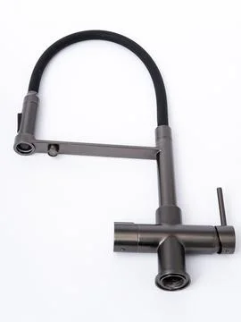 Modern pull-down kitchen faucet on white background Stock Photos
