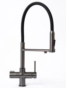 Modern pull-down kitchen faucet on white background Stock Photos